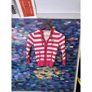 Hollister Pink White Striped Zip Up Hoodie Sweater XS